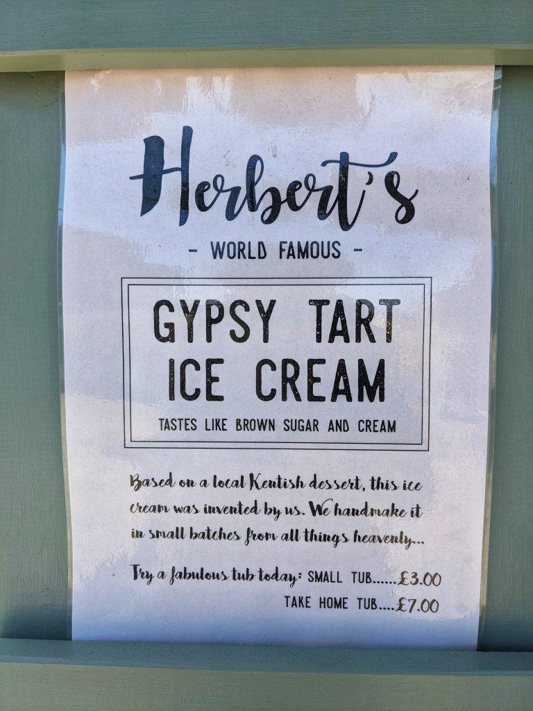 A customer notice that reads 'Herbert's World Famous Gypsy Tart Ice Cream, tastes like brown sugar and cream'