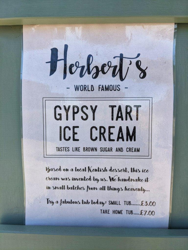 A customer notice that reads 'Herbert's World Famous Gypsy Tart Ice Cream, tastes like brown sugar and cream'